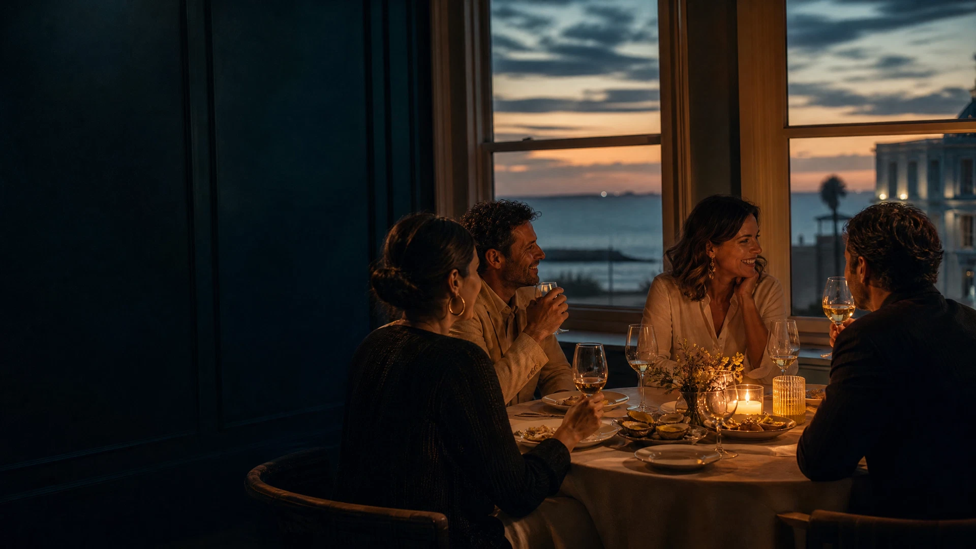 Group of friends sharing dinner at a candlelit table overlooking the Galveston Bay horizon